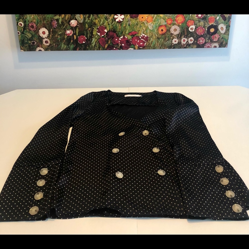 Satin navy polka dot blouse.
